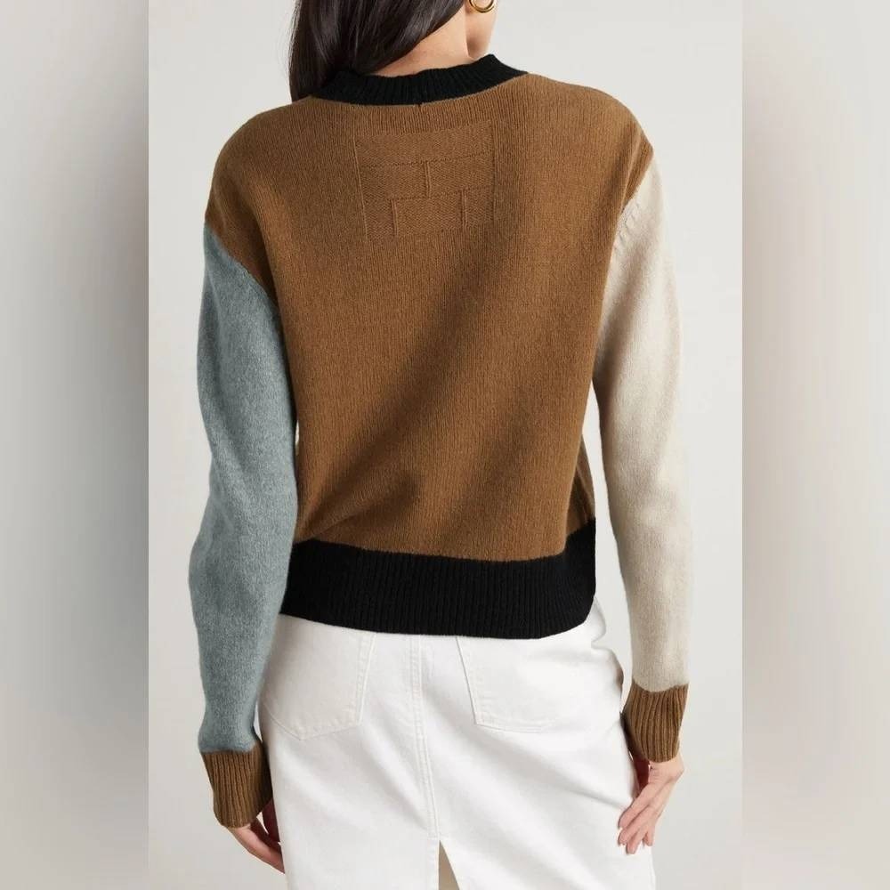Frame Cashmere Colorblock Sweater Womens S Brown Gray Black Cream Crewneck - Picture 3 of 5
